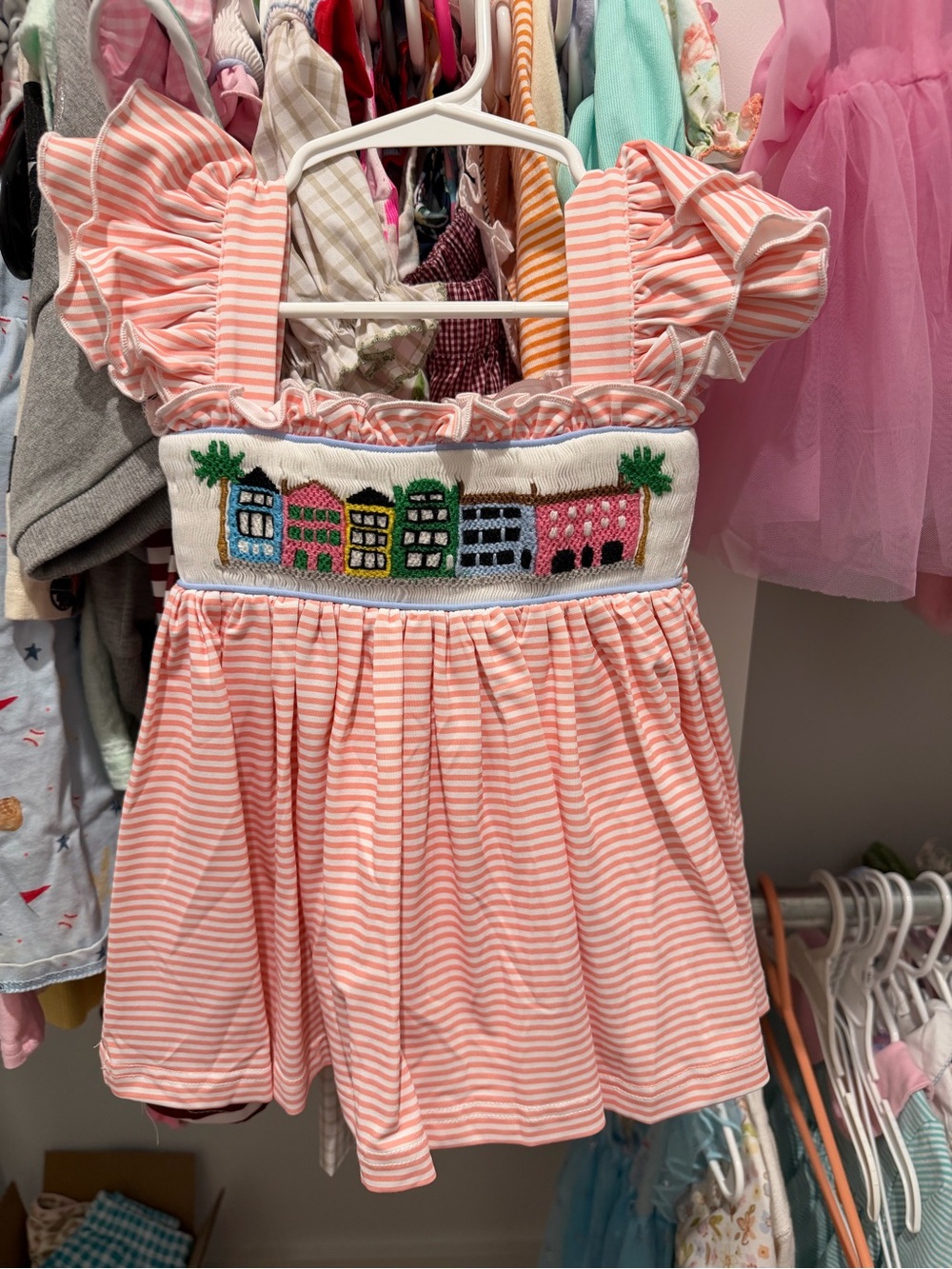 Girls Pink Striped Sundress with Embroidered House Motif
